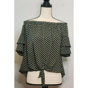 Paradiso Olive Green White Top Small Polka Dot Off Shoulder Tiered Sleeve Tie